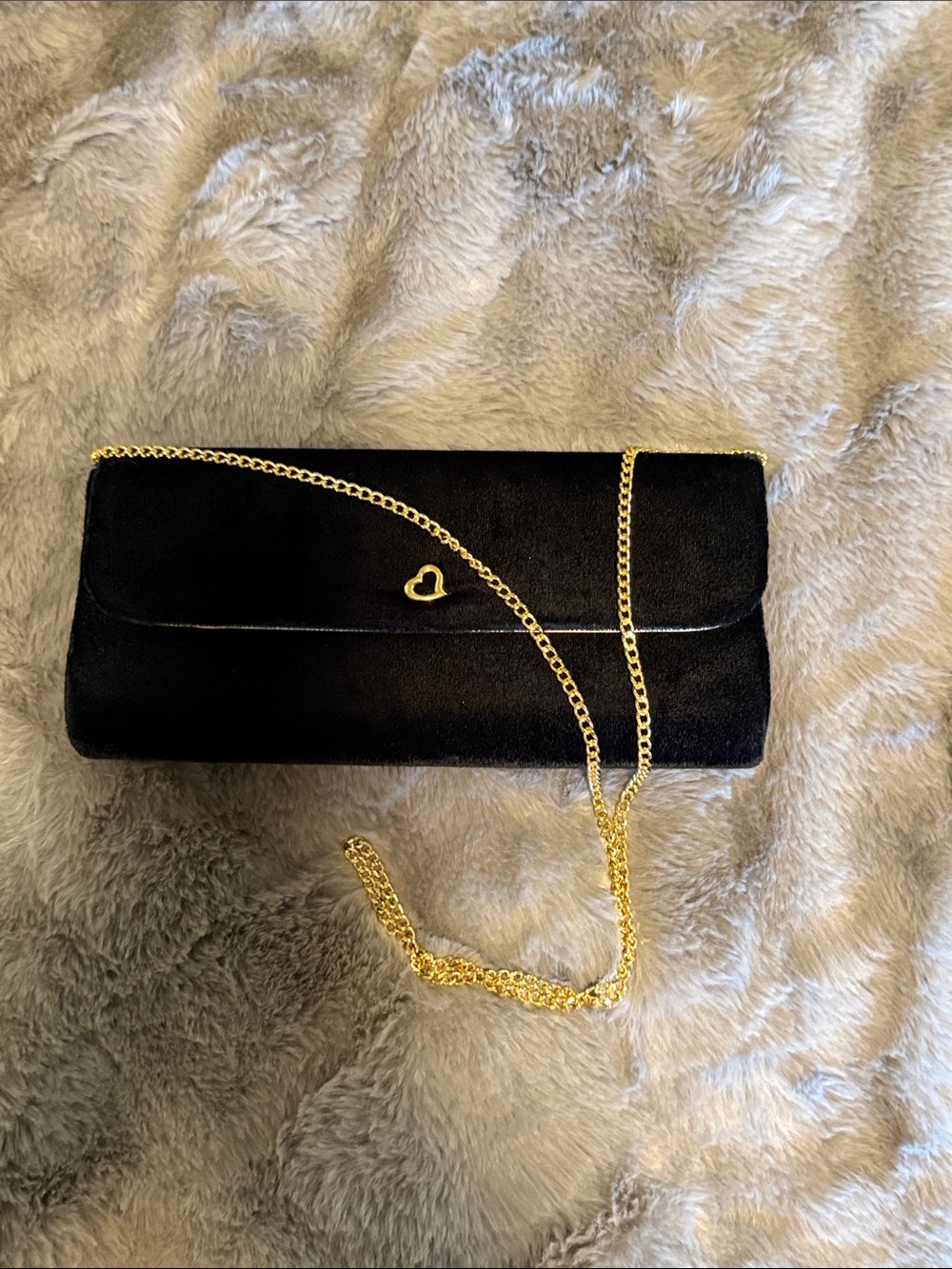 Victoria's Secret Black Velvet Clutch with Gold Chain & Heart